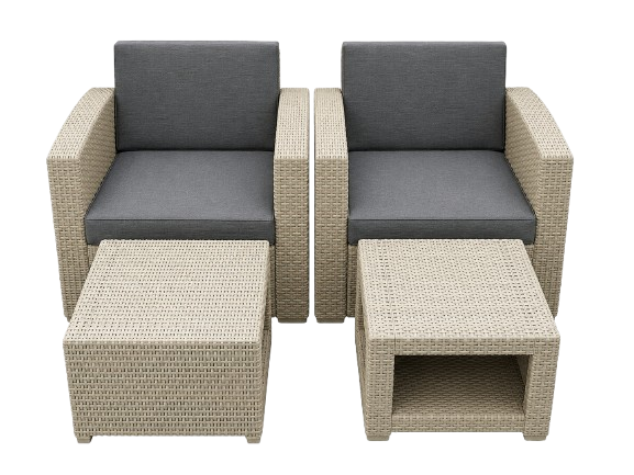 PLF-111-C 4pc All-Weather Beige Chair and Ottoman Patio Set with Dark Grey Cushions