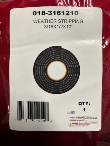 Weather stripping 3/16 x 1/2 x 10