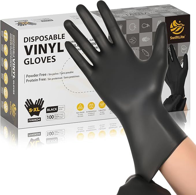 Black Vinyl Gloves, Disposable Latex Free &amp; Powder Free (XL)