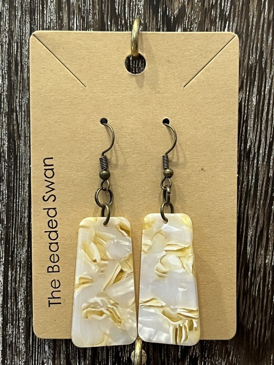 Beaded Swan Cream Trapezoid Resin Earring
