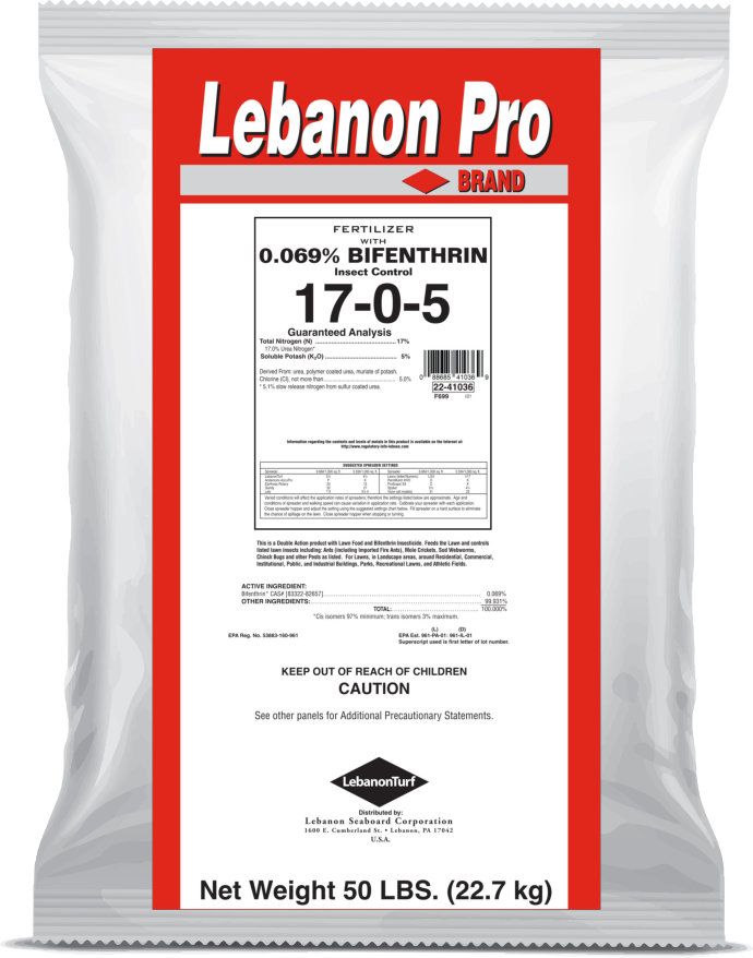 Lebanon Pro Fertilizer 17-0-5 30% PCU .069 Bifenthrin 50 lb Lebanon Pro Fertilizer 17-0-5 30% PCU .069 Bifenthrin 50 lb