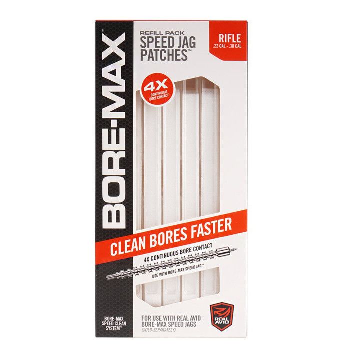 REAL AVID - BORE-MAX - SPEED JAG PATCHES - RIFLE 8″ REFILL PACK = .22 – .30 CAL