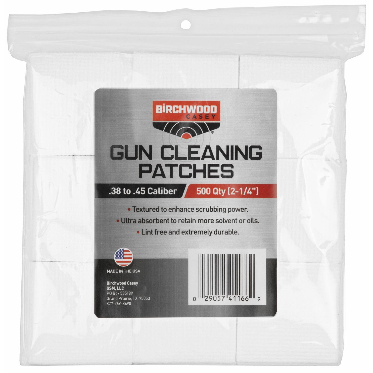 BIRCHWOOD CASEY - GUN CLEANING PATCHES - .38 TO .45 CALIBER - 500 QTY. (2-1/4")