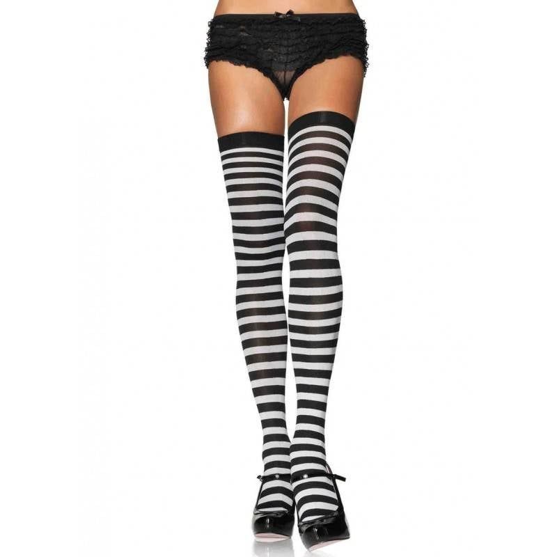 Black &amp; White Striped Thigh High Stockings