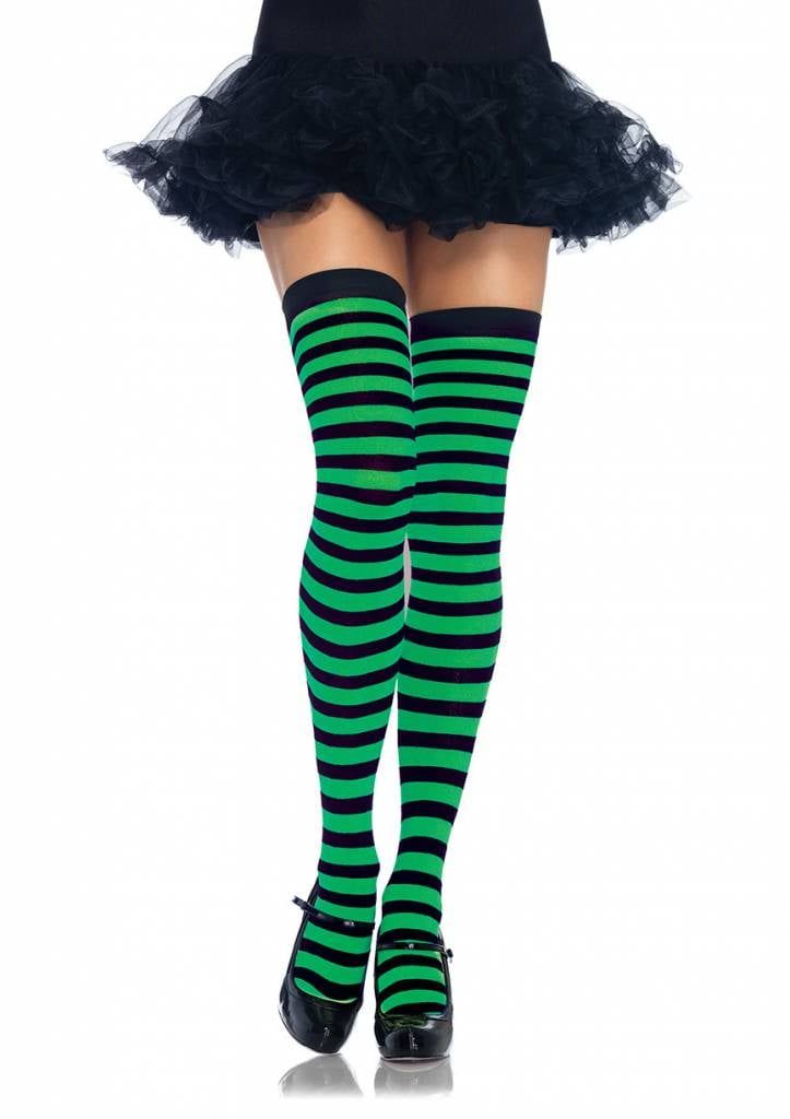 Green &amp; Black Striped Thigh High Stockings