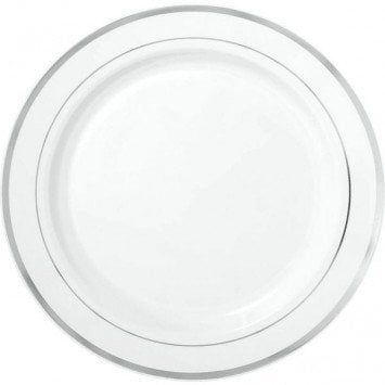 White Premium Plastic Round Plates with Silver Trim 10 1/4&quot; (10)