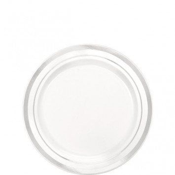 White Premium Plastic Round Plates with Silver Trim, 6 1/4&quot; (20)