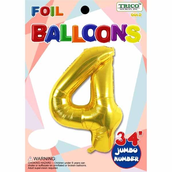 Gold #4 Number Shape Mylar 34&quot; Balloon