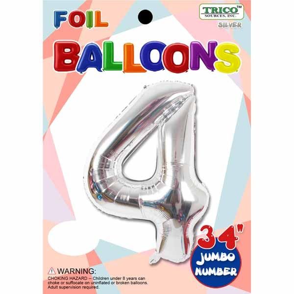 Silver #4 Number Shape Mylar 34" Balloon