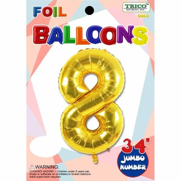Gold #8 Number Shape Mylar 34&quot; Balloon