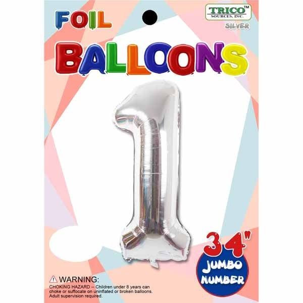 Silver #1 Number Shape Mylar 34" Balloon