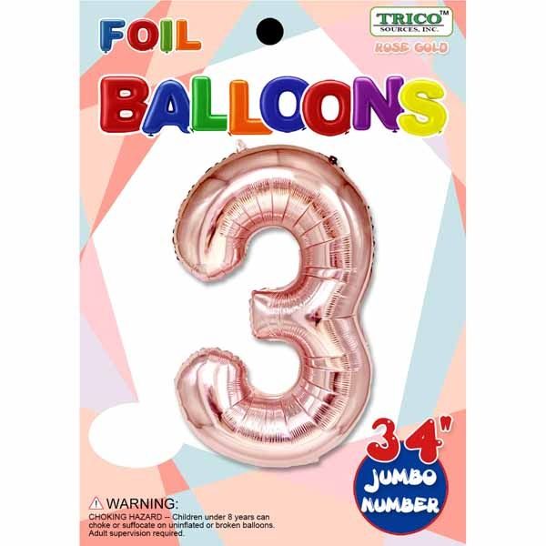 Rose Gold #3 Number Shape Mylar 34&quot; Balloon