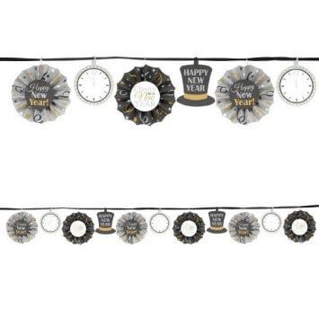 Happy New Year Fan Banner Garland - Black, Silver &amp; Gold