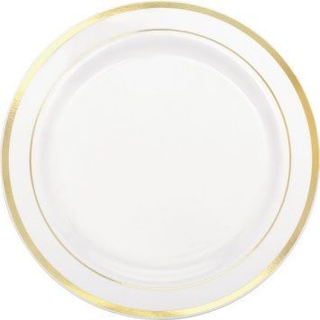 White Premium Plastic Round Plates with Gold Trim, 10 1/4&quot;