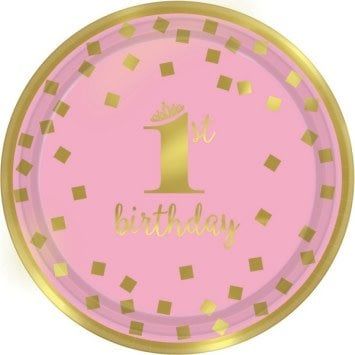 1st Birthday Girl Metallic Round Plates 9&quot; (8)