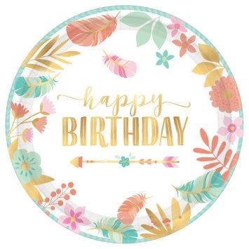Boho Birthday Girl Round Metallic 10 1/2&quot; Plates (8)