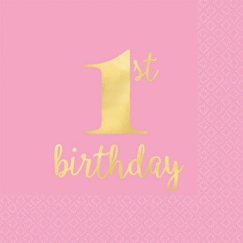 1st Birthday Premium Pink Hot Stamped Beverage Napkins (16)