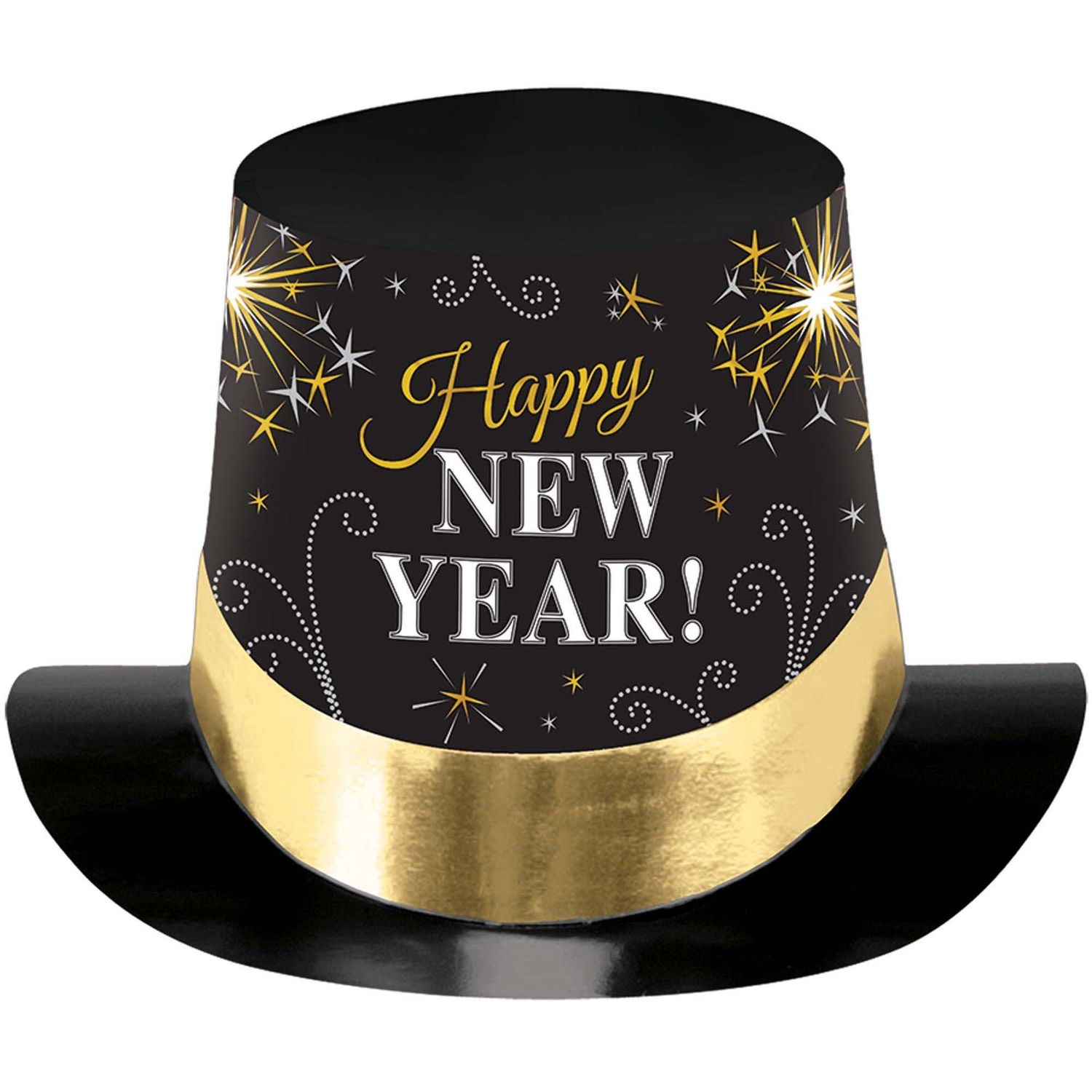Printed New Years Paper Top Hat - Black, Silver &amp; Gold 6&quot;