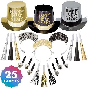New Years Get The Party Started Party Kit For 25 People-Black, Gold &amp; Silver