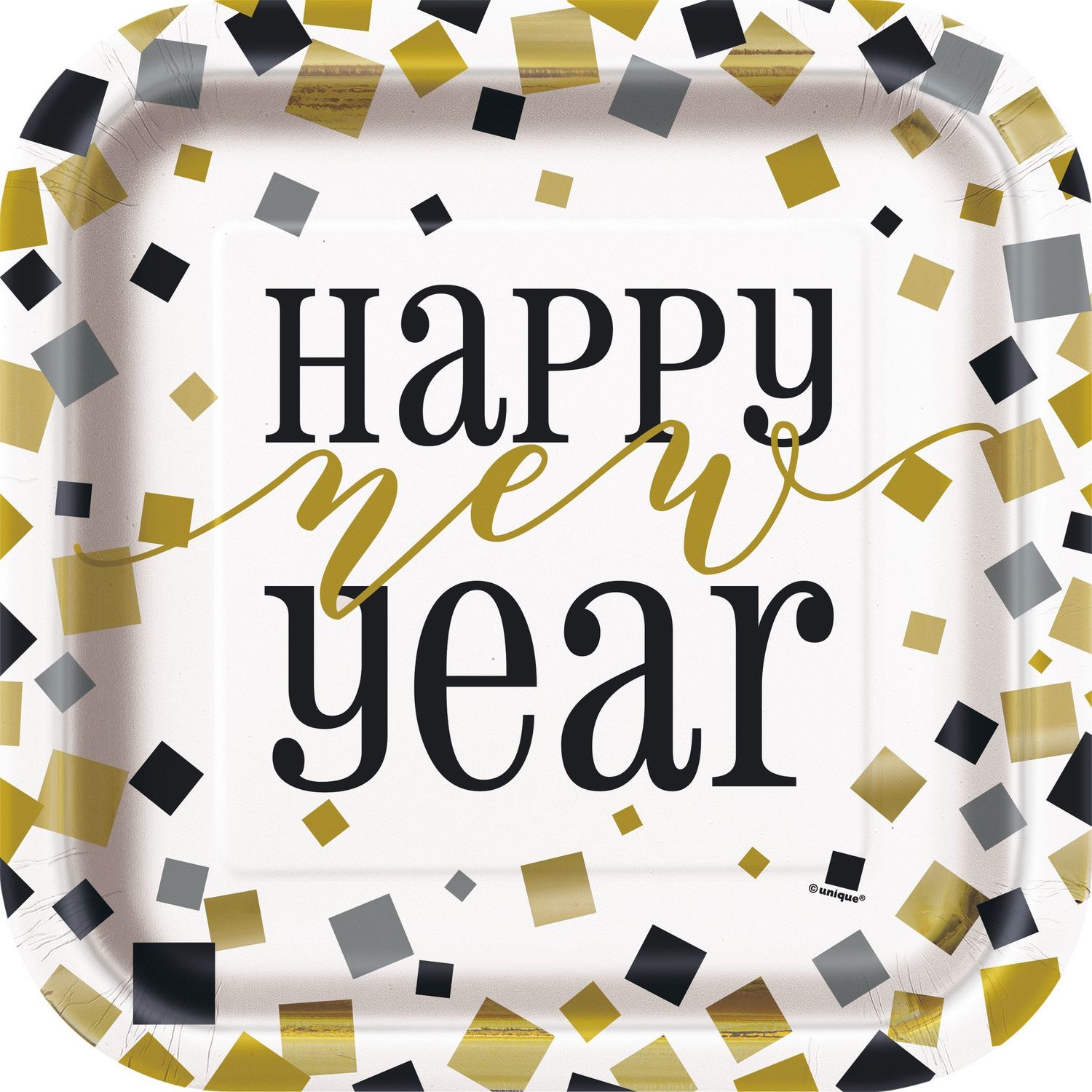 New Years Square Plates 9&quot; Black/Gold/Silver (8)