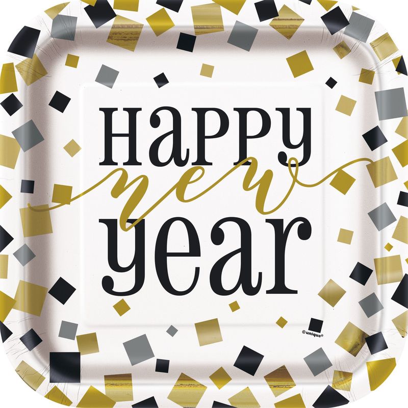 New Years Square Plates 9&quot; Black/Gold/Silver (8)