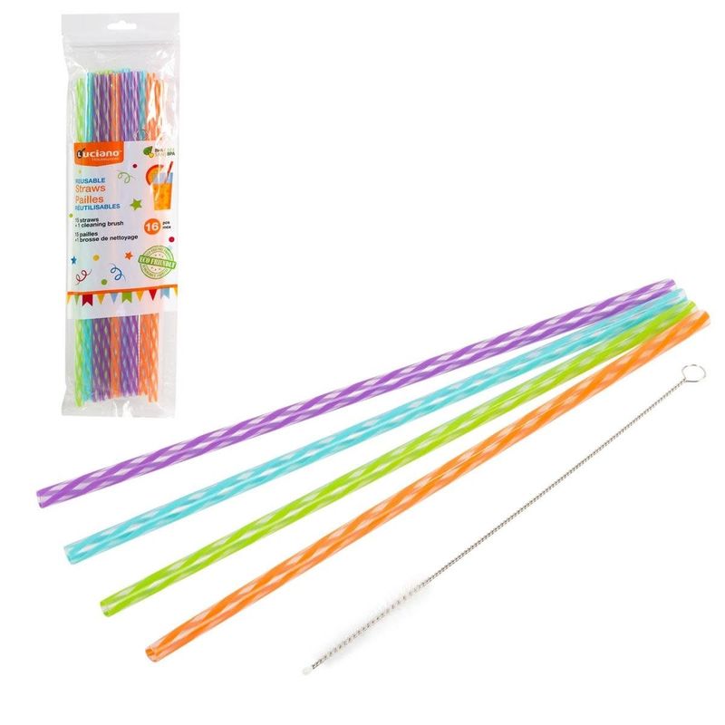 Luciano Reusable 15-pc 11&quot;L Straws, w/ cleaning brush