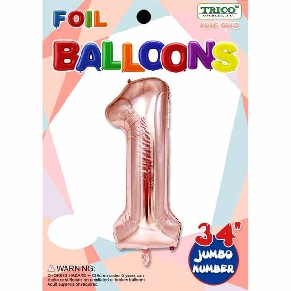 Rose Gold #1 Number Shape Mylar 34&quot; Balloon
