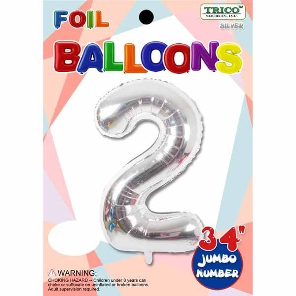 Silver #2 Number Shape Mylar 34" Balloon