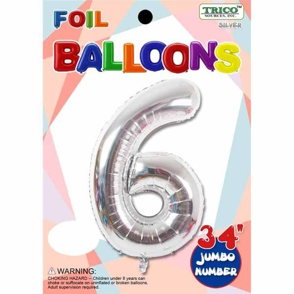 Silver #6 Number Shape Mylar 34&quot; Balloon