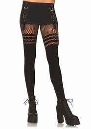 Black Seamless Opaque Faux Thigh High Tights with Striped Fishnet Thigh Accent