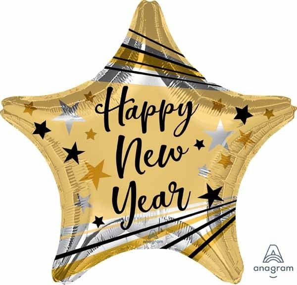 Happy New Year Gold Bursts and Stars 19&quot; Mylar Balloon