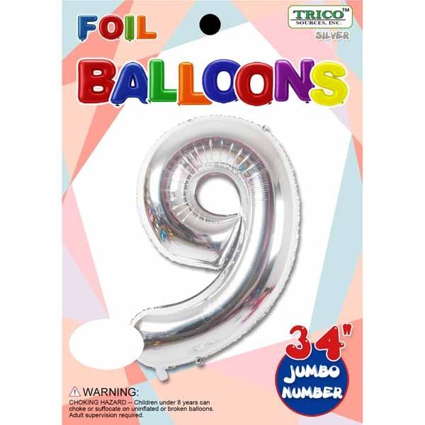 Silver #9 Number Shape Mylar 34" Balloon
