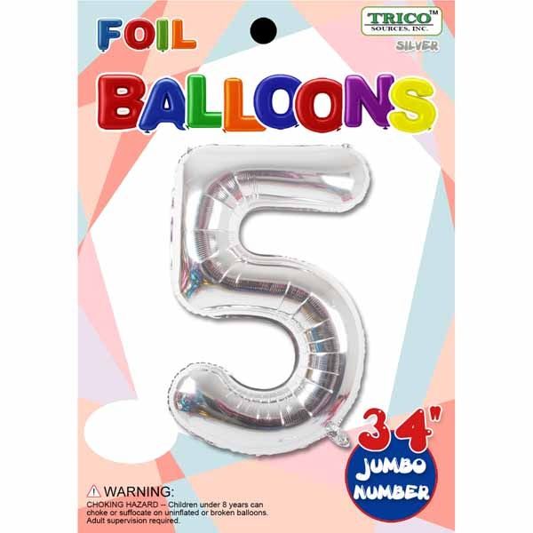 Silver #5 Number Shape Mylar 34&quot; Balloon
