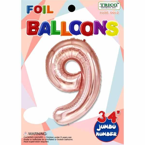 Rose Gold #9 Number Shape Mylar 34&quot; Balloon