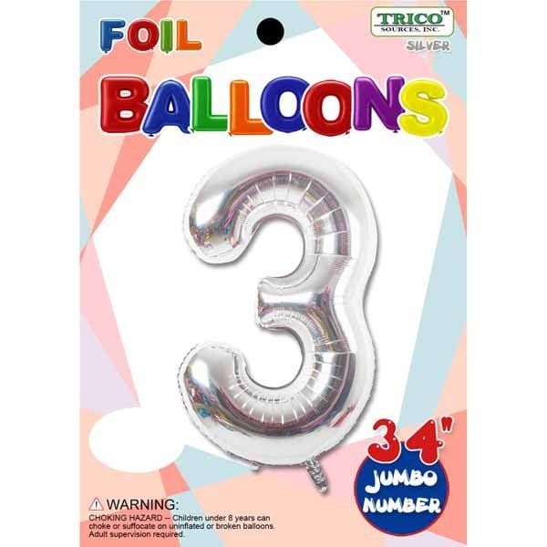 Silver #3 Number Shape Mylar 34&quot; Balloon