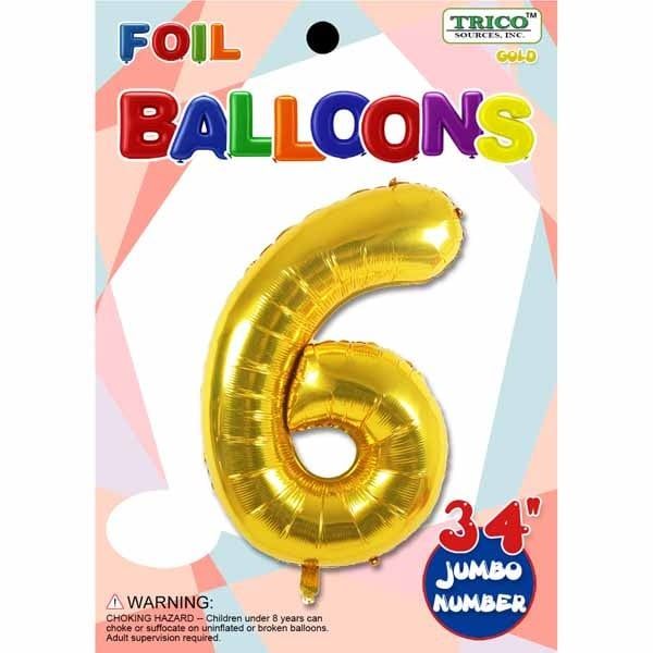 Gold #6 Number Shape Mylar 34&quot; Balloon