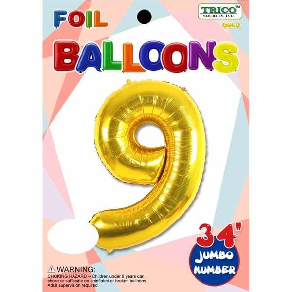 Gold #9 Number Shape Mylar 34&quot; Balloon
