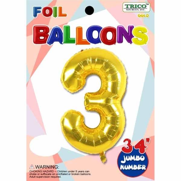 Gold #3 Number Shape Mylar 34&quot; Balloon
