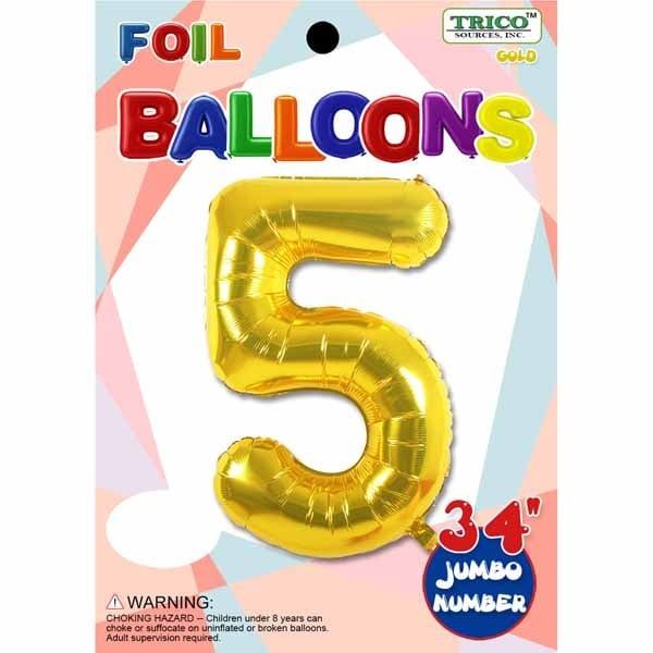 Gold #5 Number Shape Mylar 34&quot; Balloon