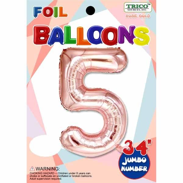 Rose Gold #5 Number Shape Mylar 34&quot; Balloon