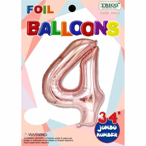 Rose Gold #4 Number Shape Mylar 34&quot; Balloon