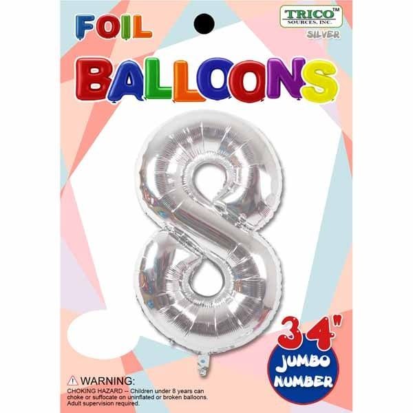 Silver #8 Number Shape Mylar 34&quot; Balloon