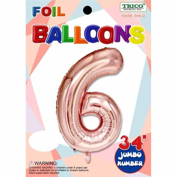 Rose Gold #6 Number Shape Mylar 34&quot; Balloon