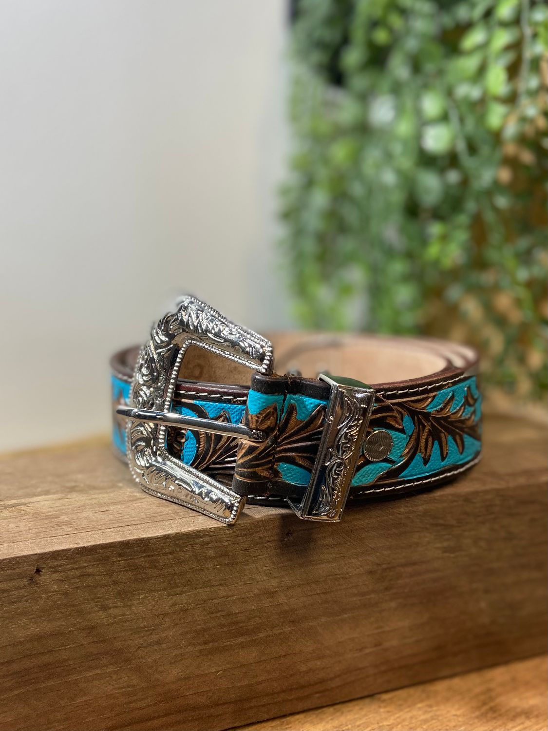 Turquoise Leather Belt, Size: Large