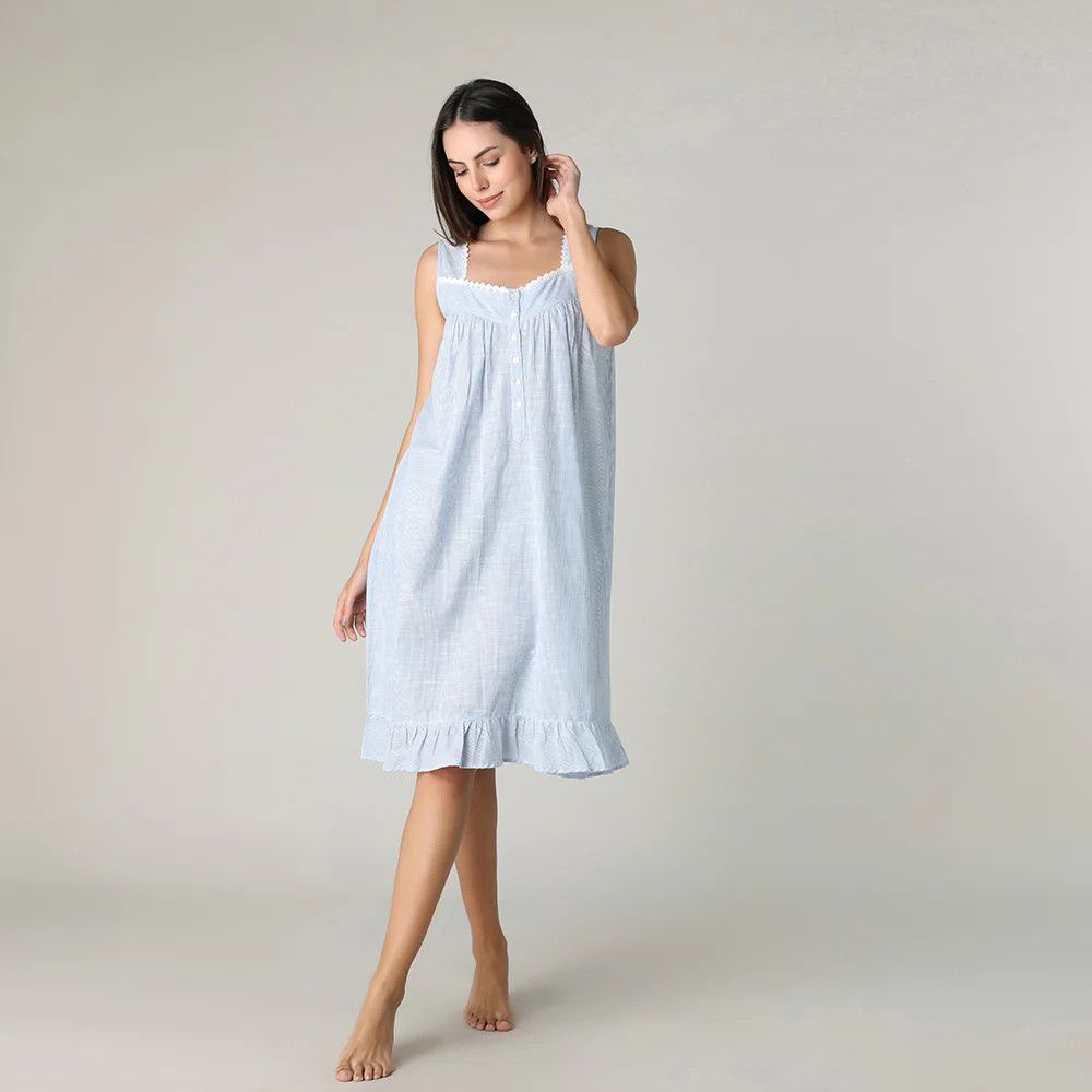Striped Chambray Short Gown - Soft Blue, Size: S