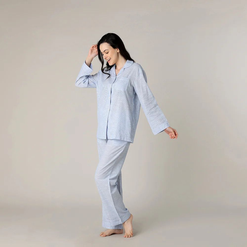 Striped Chambray PJ Set - Soft Blue, Size: M