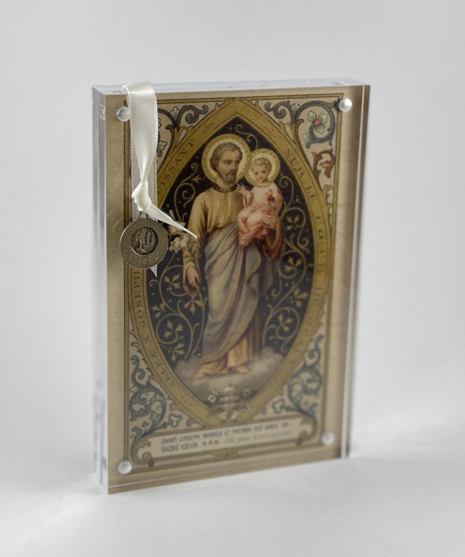 St Joseph prayer card and metal in acrylic