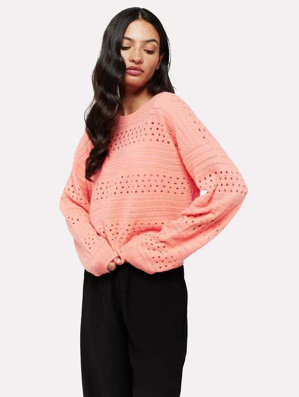 Clare Open Pointelle Crew, Color: Neon Coral, Size: XS