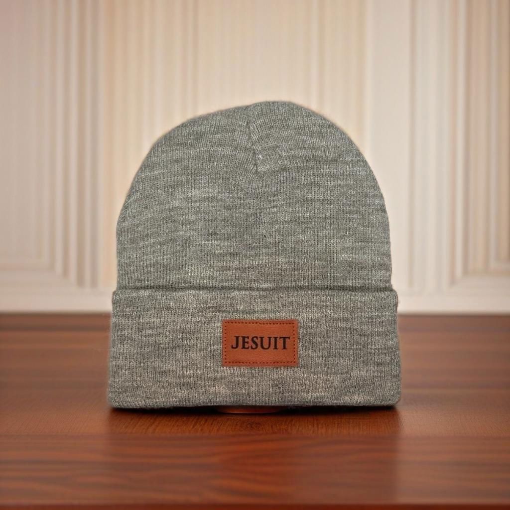 Gray beanie with leather patch