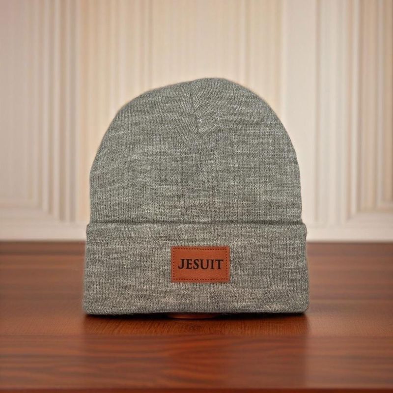 Gray beanie with leather patch